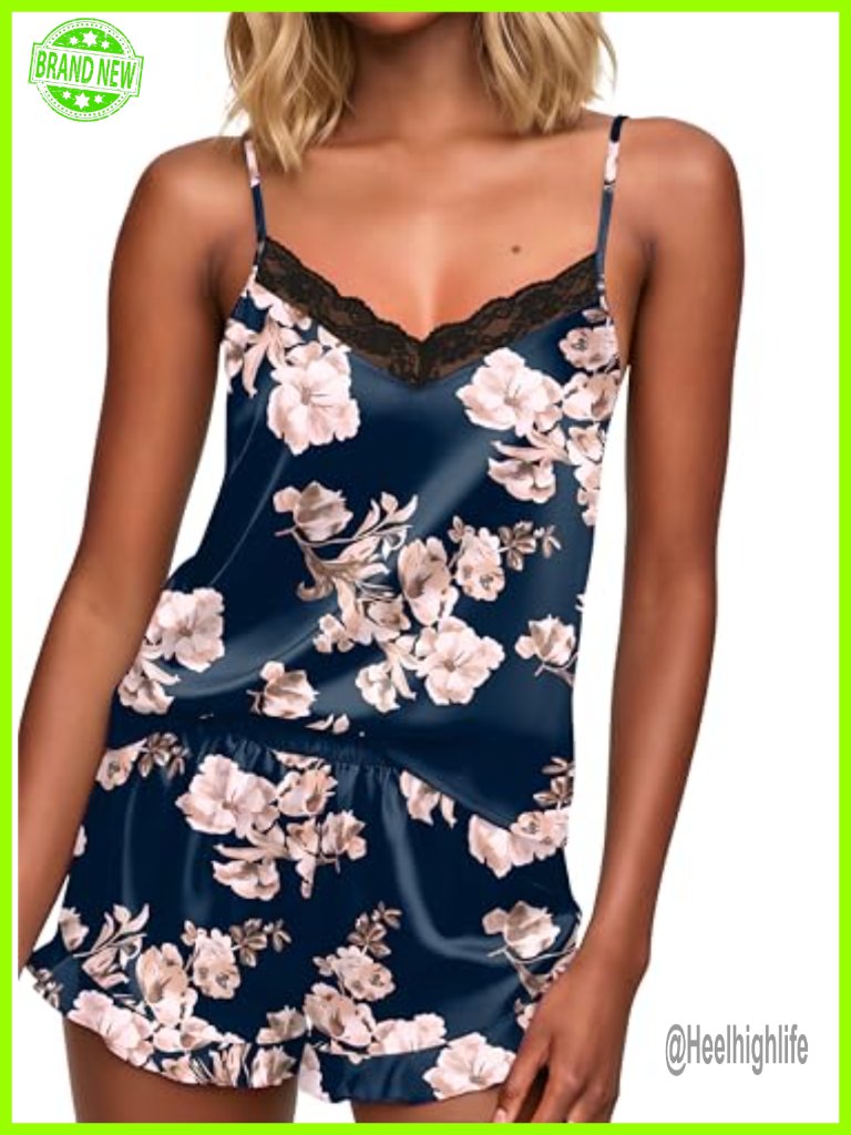 Satin Pajama Set For Women Sexy Lingerie Silk Lace Cami Ruffle Shorts 2 Piece